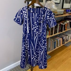 Vintage Blue & White Flower Power Spring Shift Dress with Belt